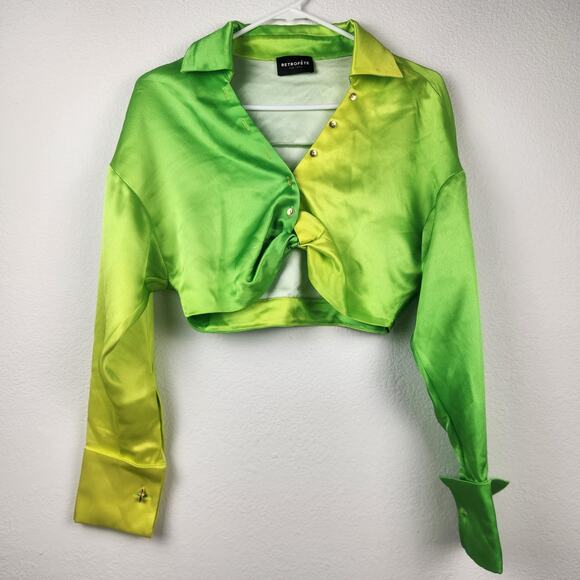 Retrofete Green Crop Top Long Sleeve Size Small Ombre Button Down - Picture 1 of 7